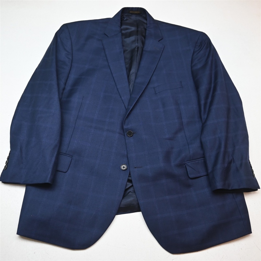 Jos A Bank 50R Navy Blue Windowpane Wool Cashmere Mens Blazer Jacket Sport Coat